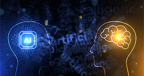 AI and human intelligence concept showing two digital profiles with an AI chip and glowing brain symbol.