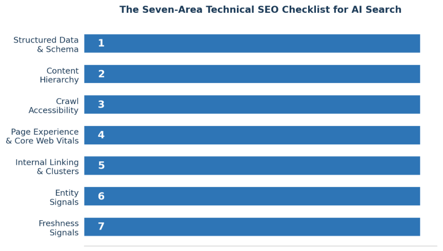 Seven-area technical SEO checklist for AI search covering structured data and schema, content hierarchy, crawl accessibility, page experience and Core Web Vitals, internal linking and clusters, entity signals, and freshness signals.