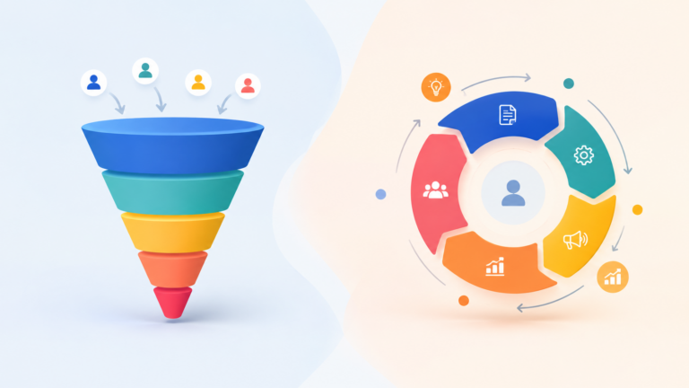 Visual comparison of a traditional marketing funnel and a circular loop marketing model