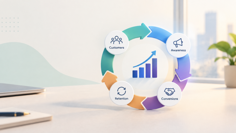 B2B growth loop showing customer acquisition, awareness, conversions, and retention