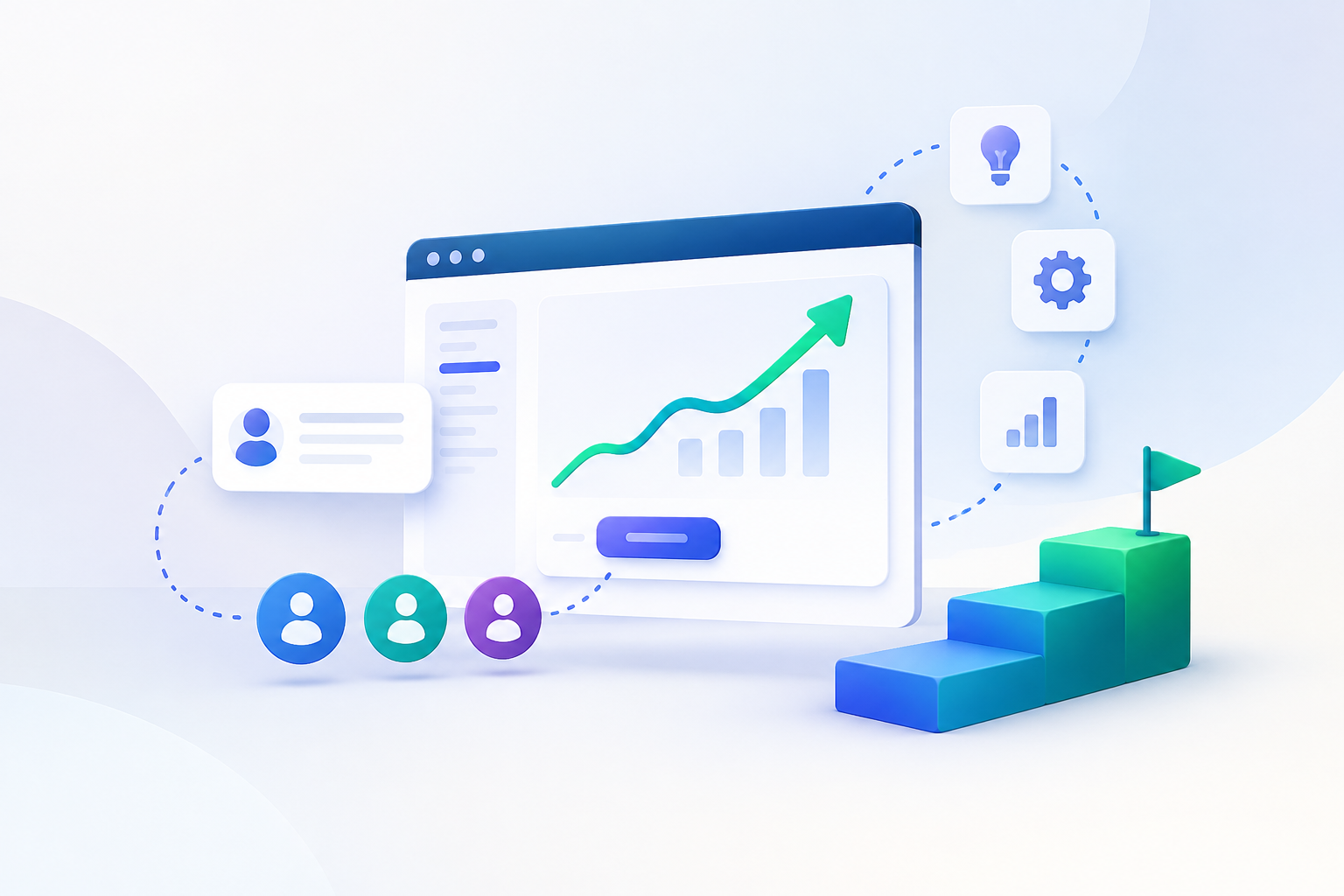 Product-led growth strategy shown through a rising growth chart, user journey, analytics dashboard, and growth steps.