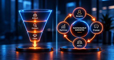 AI-powered customer growth funnel and sustainable growth strategy with acquire, engage, retain, optimize, and convert stages.