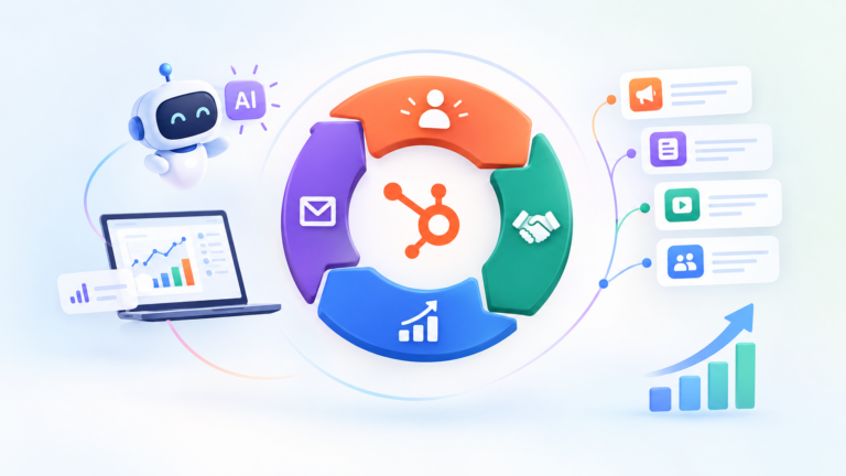 AI-powered marketing growth loop with HubSpot at the center, surrounded by customer engagement, analytics, content, and automation elements.