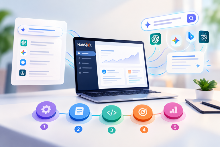 HubSpot AEO setup with AI search tools, analytics dashboard, and a five-step optimization workflow.