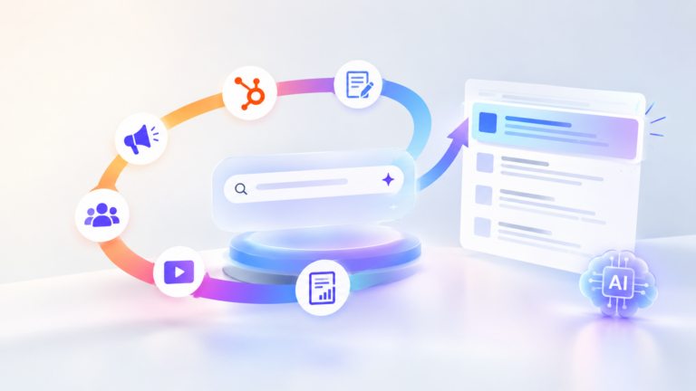 HubSpot Loop Marketing and AI search visibility with interconnected content, search results, and AI icons.