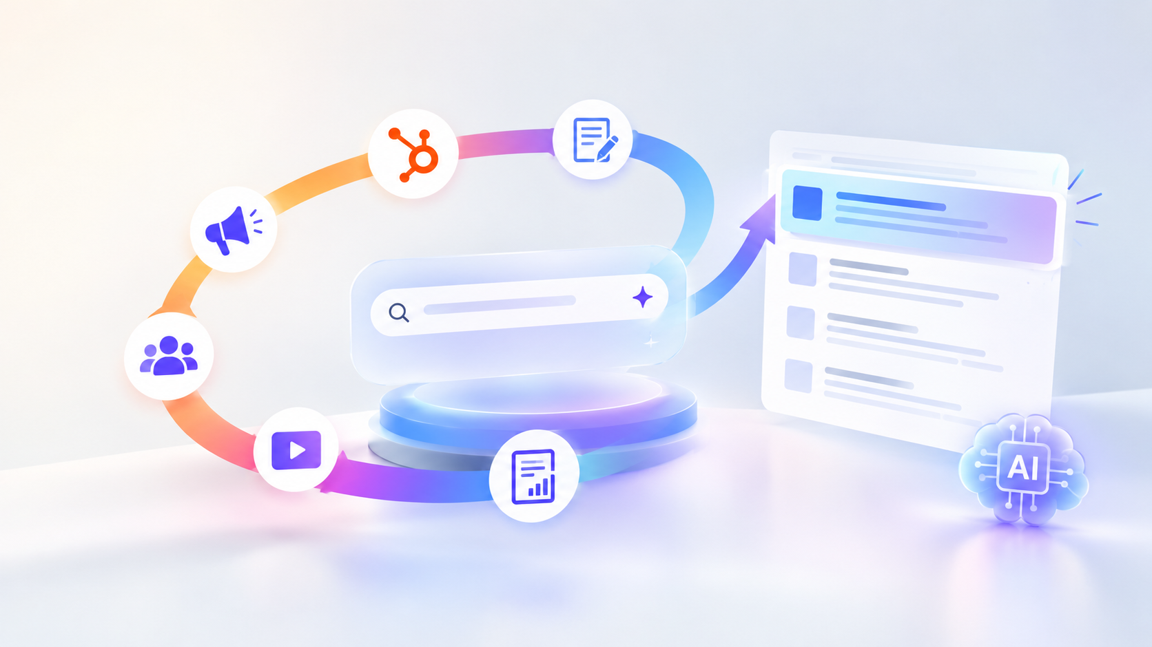 HubSpot Loop Marketing and AI search visibility with interconnected content, search results, and AI icons.