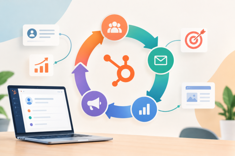 HubSpot Loop Marketing strategy illustrated with a circular marketing loop, CRM dashboard, analytics, email, audience, and campaign icons.