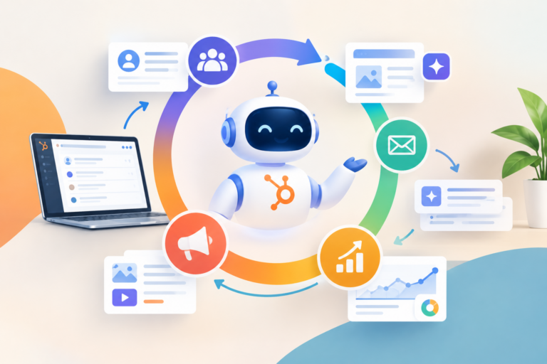 AI-powered HubSpot marketing workflow with an AI assistant, CRM dashboard, content, email, campaign, and analytics elements connected in a continuous loop.