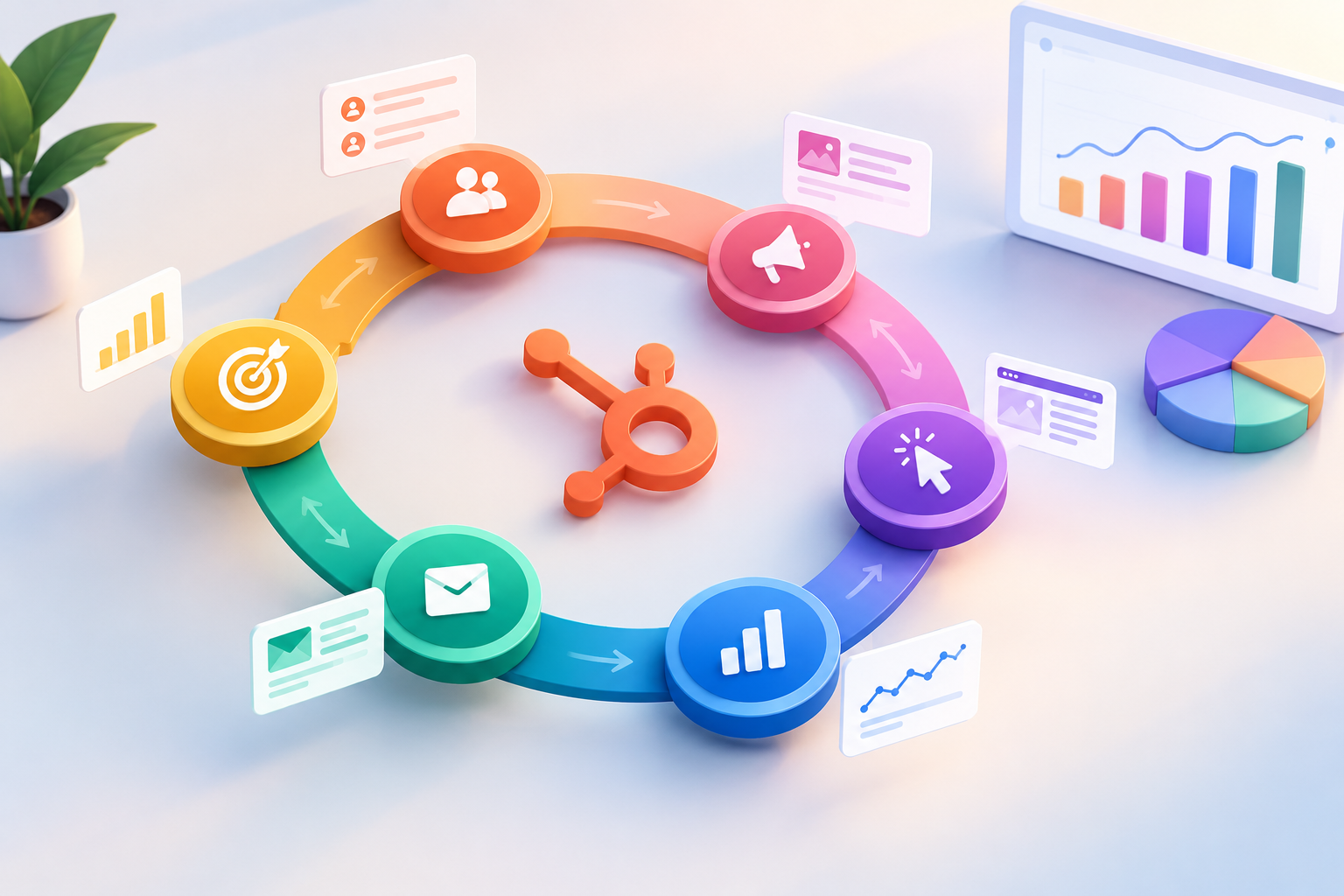 Isometric illustration of HubSpot Loop Marketing metrics with a colorful circular customer journey, marketing icons, and analytics dashboards.