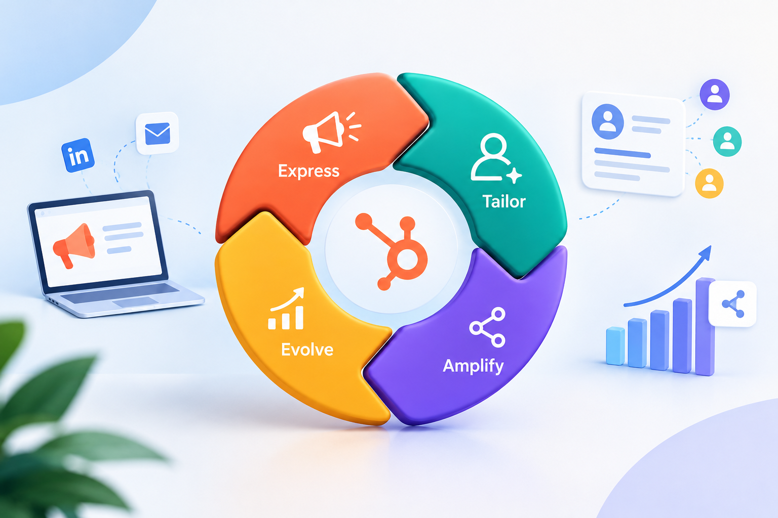 HubSpot Loop Marketing Framework showing Express, Tailor, Amplify, and Evolve in a circular marketing growth cycle.
