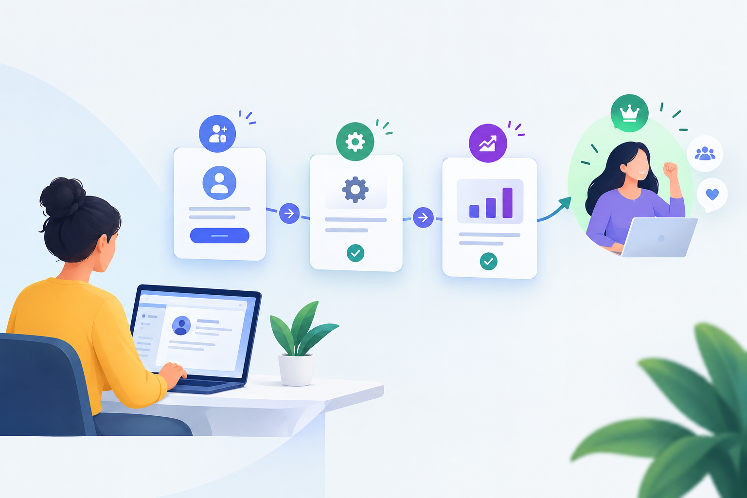 Product-led onboarding journey showing user setup, product configuration, progress tracking, and successful user activation.